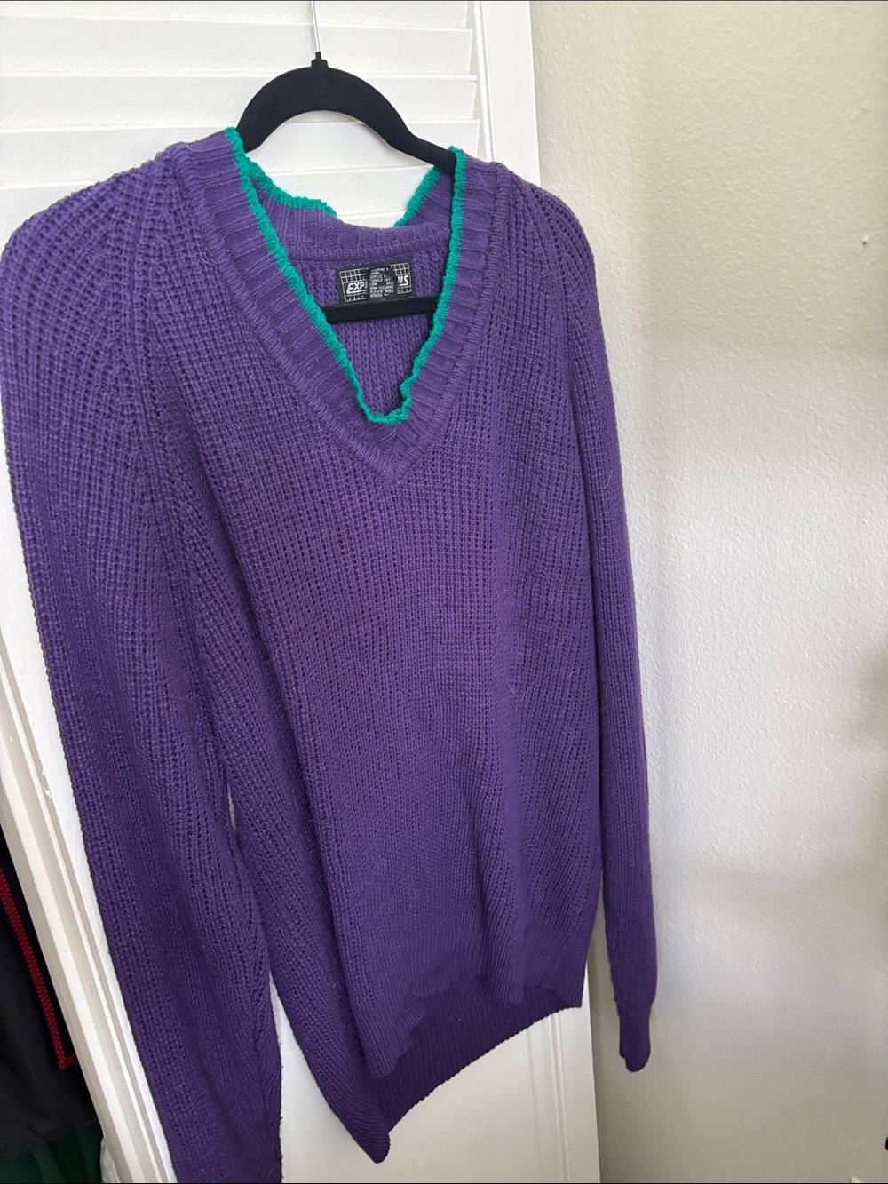 V-Neck Purple Sweater with Teal Neckline